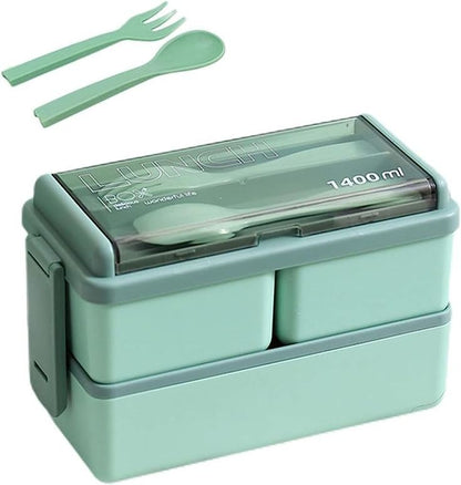 Mokokart Compartment Green Color with Spoon and Fork Office Collage 3 Containers Tiffin Box For School, Office (1500 ml)